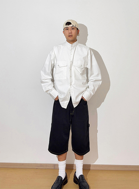 GWHEN 白色简约立领宽松廓形大口袋长袖衬衫 男女