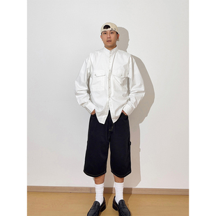 GWHEN 白色简约立领宽松廓形大口袋长袖衬衫 男女