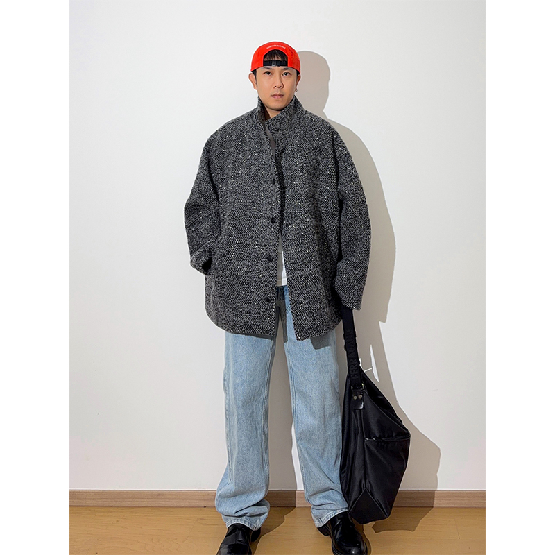 GWHEN 羊毛昵圈圈毛杂灰色人字纹立领短款大衣慵懒感外套 男女