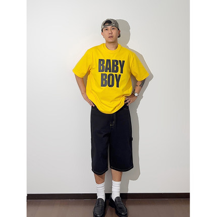GWHEN 复古标语BABY BOY印花黄色T恤短袖 男女