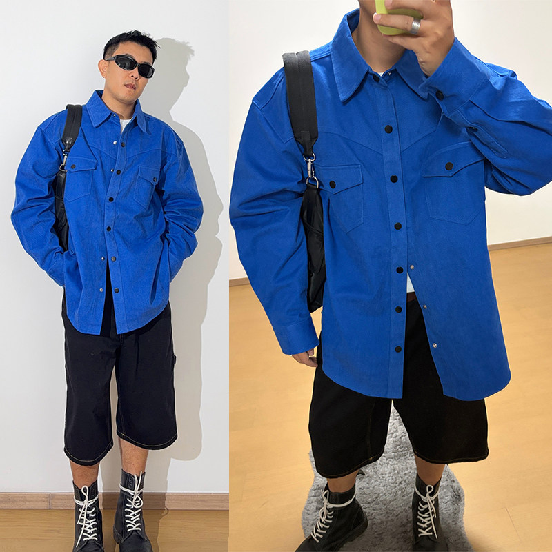 GWHEN 蓝色挺括宽肩廓形 宽松长袖衬衫外套 男女