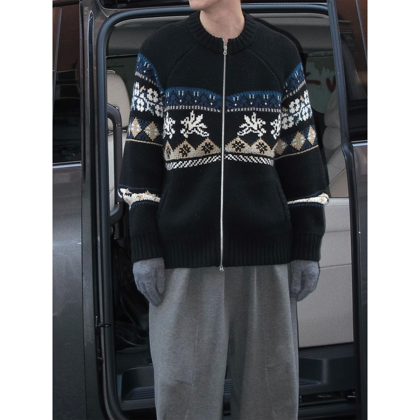 费尔岛提花秋冬厚款宽松毛衣外套