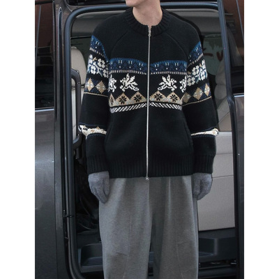 费尔岛提花秋冬厚款宽松毛衣外套