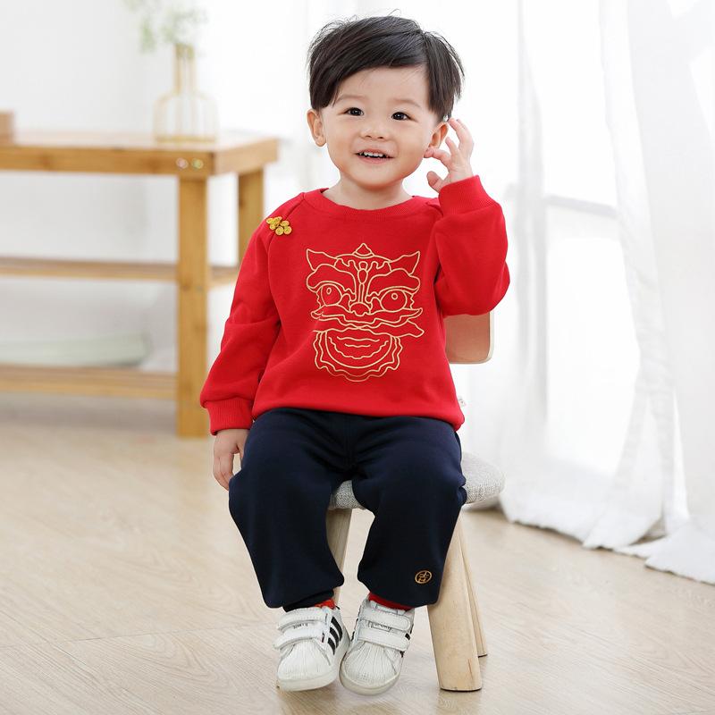 儿童卫衣新年装婴儿红色拜年服加绒加厚男童唐装套装周岁礼服男宝