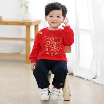 儿童卫衣新年装婴儿红色拜年服加绒加厚男童唐装套装周岁礼服男宝