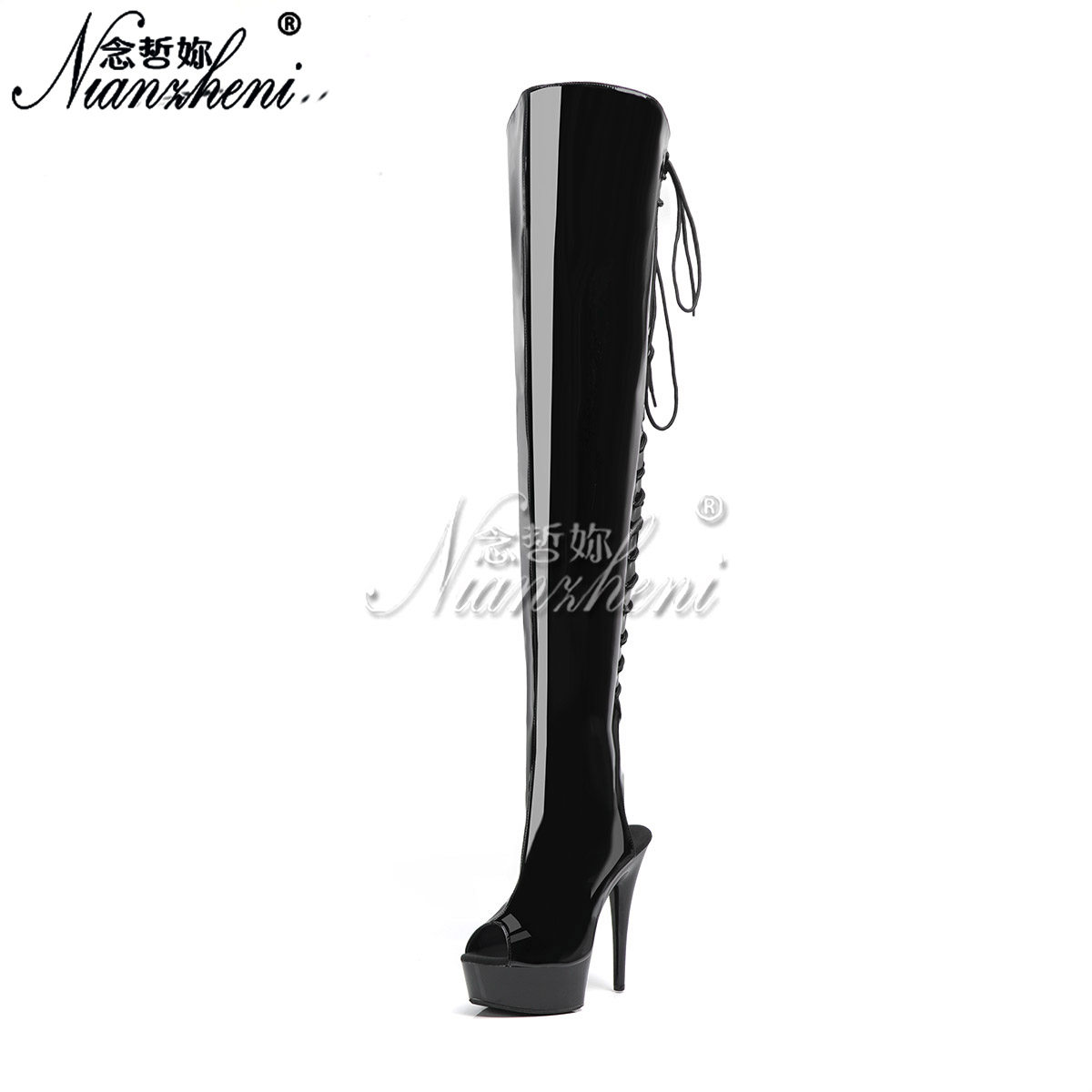 15厘米高跟鞋超高细跟防水台大码系带镂空细跟过膝长靴模特走秀女