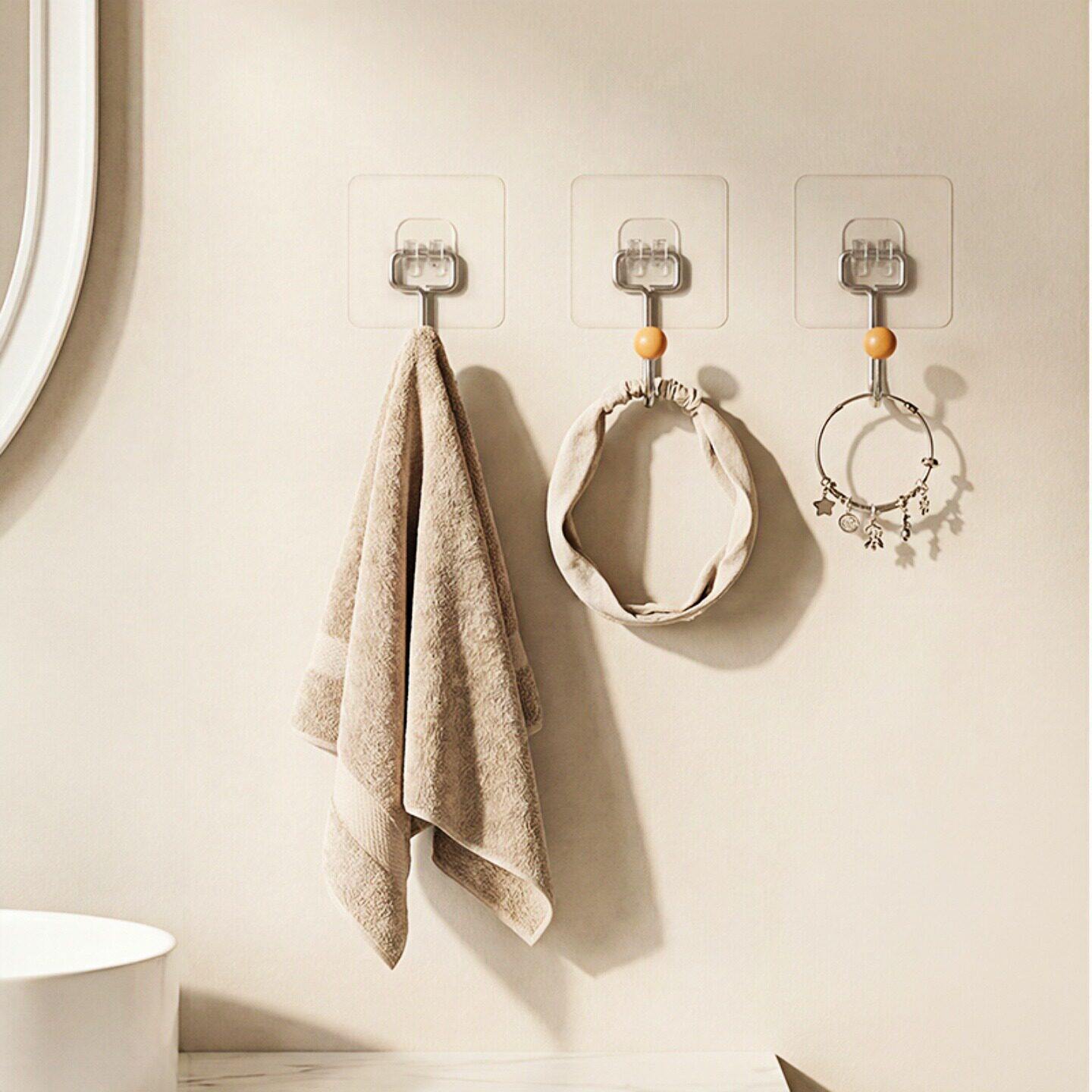 毛豆角中式透明无痕粘钩实木强力免打孔挂钩厨房浴室门后壁挂免钉