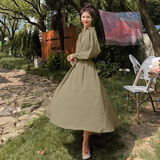 法式红色长袖衬衫连衣裙女春秋2025新款收腰显瘦气质高级感长裙子，女装连衣裙，柒柒家