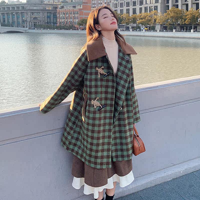 绿色格子牛角扣毛呢外套女2025冬季新款复古气质小个子呢子大衣潮,女装毛呢外套,柒柒家