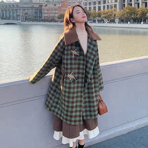 绿色格子牛角扣毛呢外套女2025冬季新款复古气质小个子呢子大衣潮图片