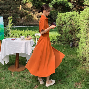 法式橙色衬衫连衣裙女夏2025新款御姐风高级感气质赫本风收腰长裙图片
