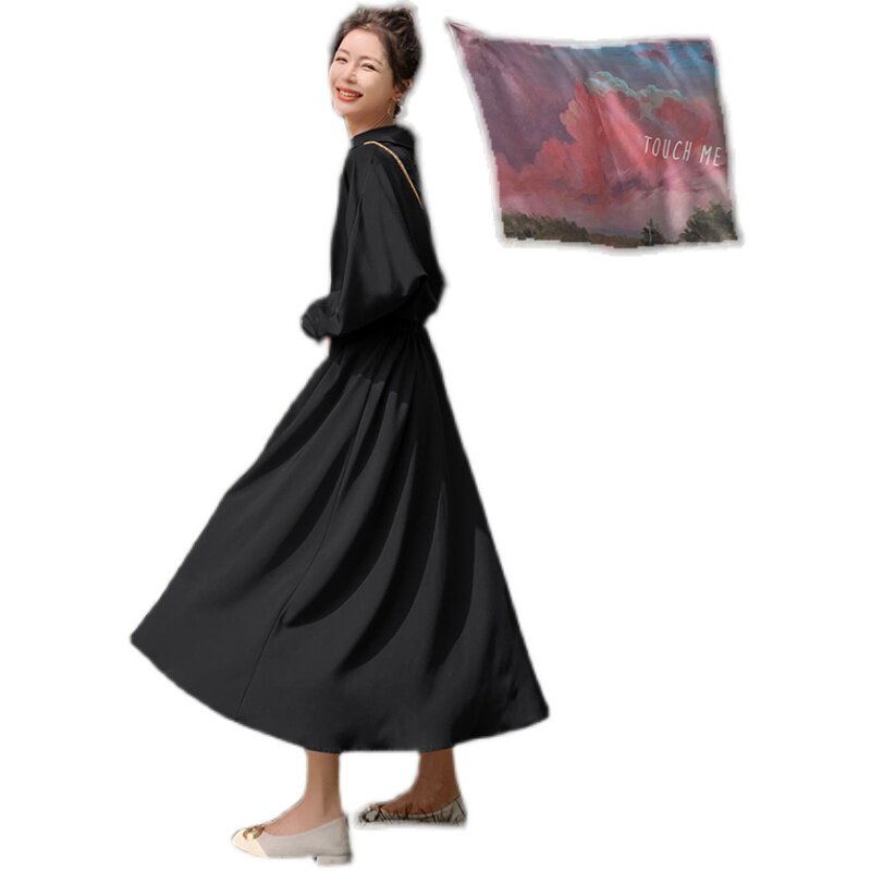 法式红色长袖衬衫连衣裙女春秋2025新款收腰显瘦气质高级感长裙子,女装连衣裙,柒柒家