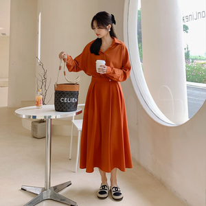 法式红色长袖衬衫连衣裙女春秋2025新款收腰显瘦气质高级感长裙子图片