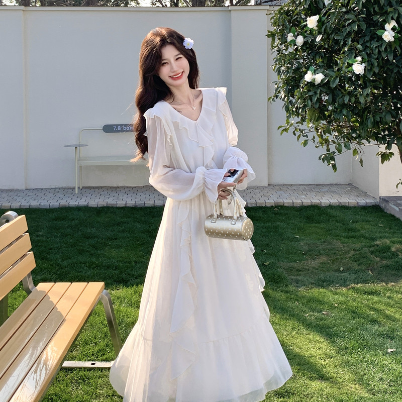 新款图大货已出荷叶边白色连衣裙长裙275-Q809-P155-K248，女装连衣裙，柒柒家