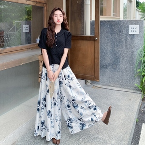 新中式国风盘扣衬衫水墨画裙裤套装女2025夏季新款复古垂感两件套图片