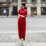 气质高级感红色衬衫领连体裤女夏2025新款九分阔腿工装连身衣套装，女装休闲裤，柒柒家
