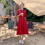 法式高级感红色衬衫连衣裙女夏2025新款收腰显瘦气质女神范长裙子，女装连衣裙，柒柒家