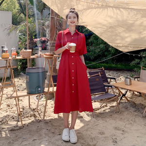 法式高级感红色衬衫连衣裙女夏2025新款收腰显瘦气质女神范长裙子图片
