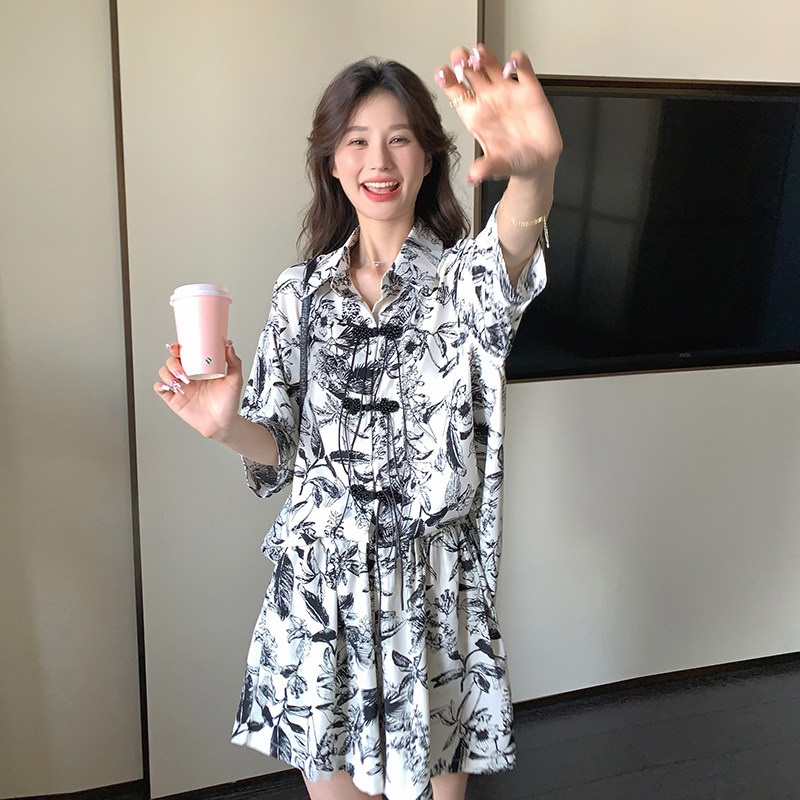 新中式国风水墨印花套装女2025夏季新款小个子盘扣衬衫短裤两件套，商品下架区商品下架区，柒柒家