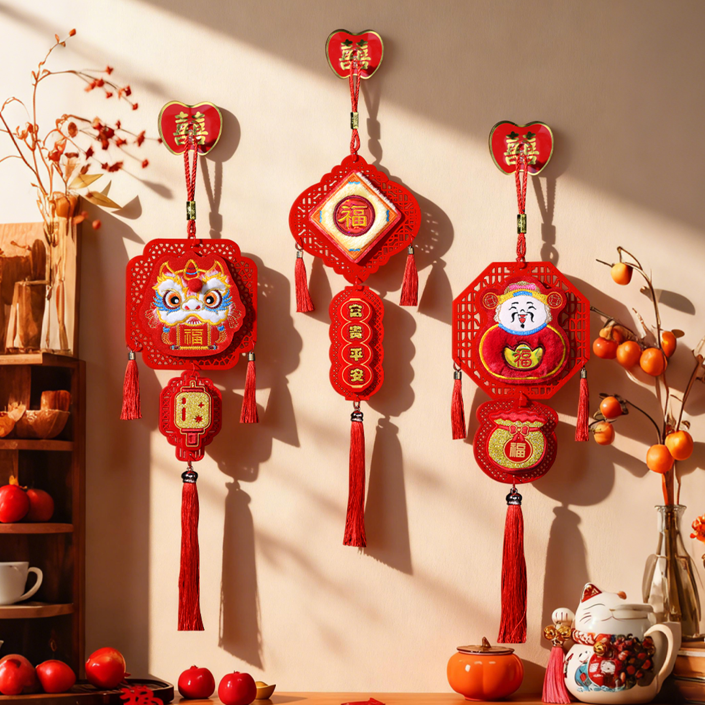 新年装饰福字挂件2026马年春节入户大门毛绒挂饰客厅喜庆布置