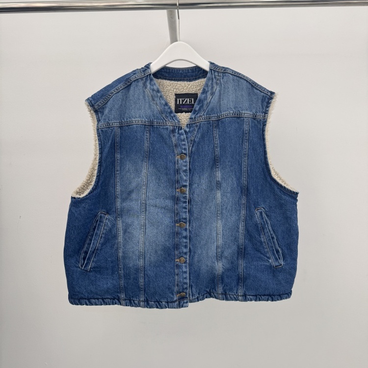 韩国ITZEL女装进口代购2025冬季新款V领羊羔毛牛仔马夹宽松外套