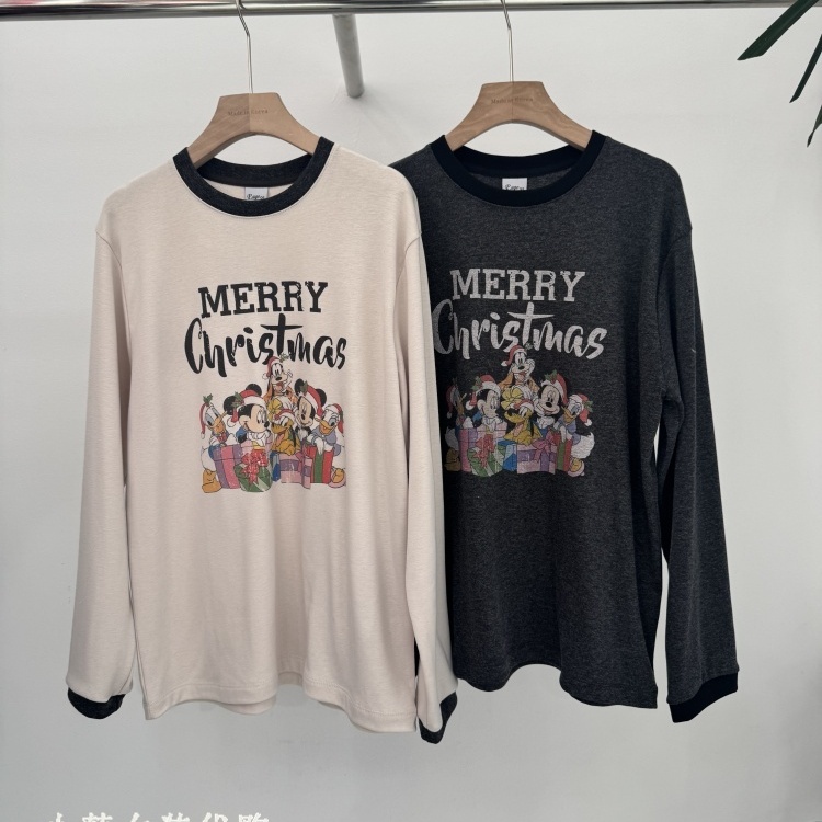 韩国进口女装代购2025冬季简约卡通图案加绒长袖百搭宽松棉质T恤