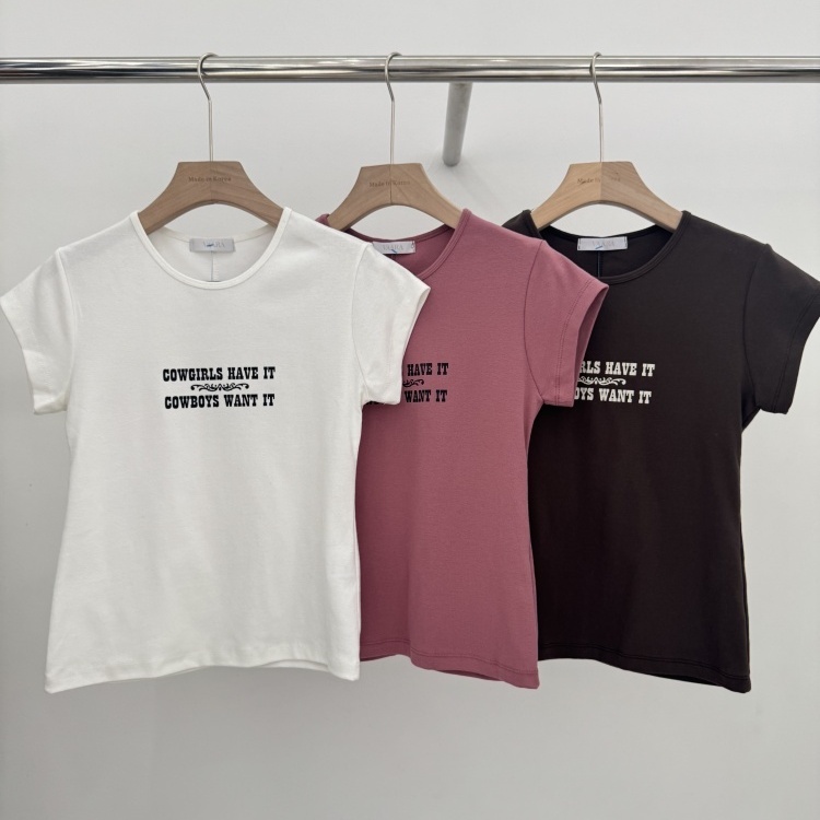 韩国VAARA女装进口代购2025秋季新款百搭字母圆领修身辣妹短袖T恤