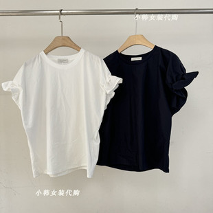 上衣Bu0186 欧洲站韩国进口女装 代购 2025夏花边袖 净色圆领百搭时尚