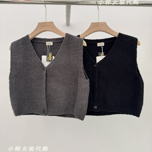 韩国LAMAGIE FEMME女装代购2025秋款V领无袖短款净色针织衫背心