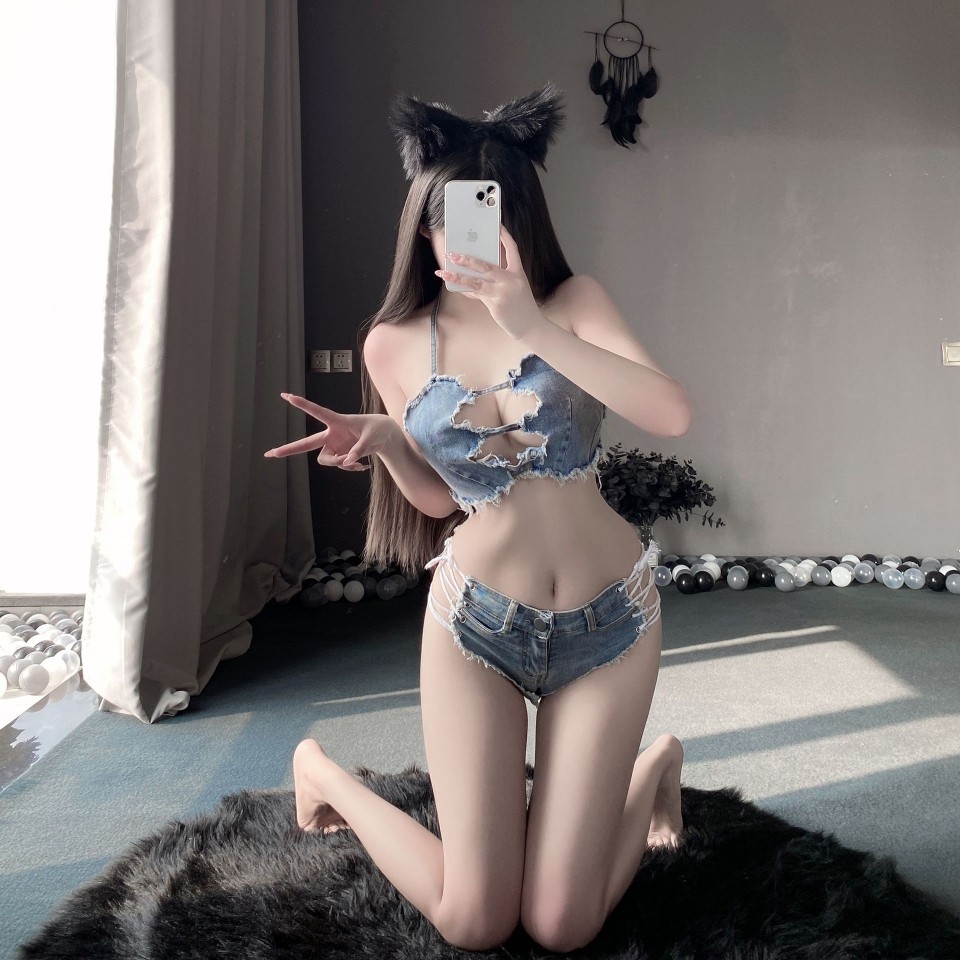 性感炸街辣妹夜店酒吧夜场DJ蹦迪低腰系带镂空牛仔短裤分体泳衣夏