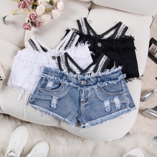 字母假腰带性感紧身三分裤 百搭显瘦 夜场酒吧辣妹超绝低腰牛仔短裤