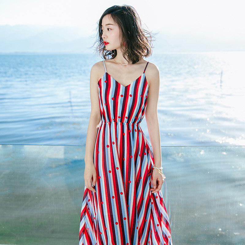 2025新款连衣裙女红色波点条连衣裙