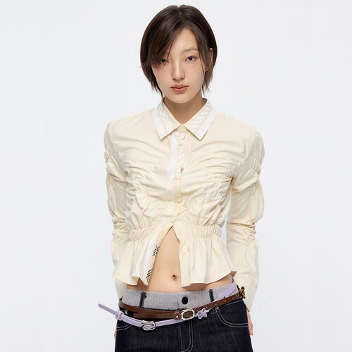 9266studio 不规则小众设计抽褶长袖上衣 收腰显瘦高级感衬衫女