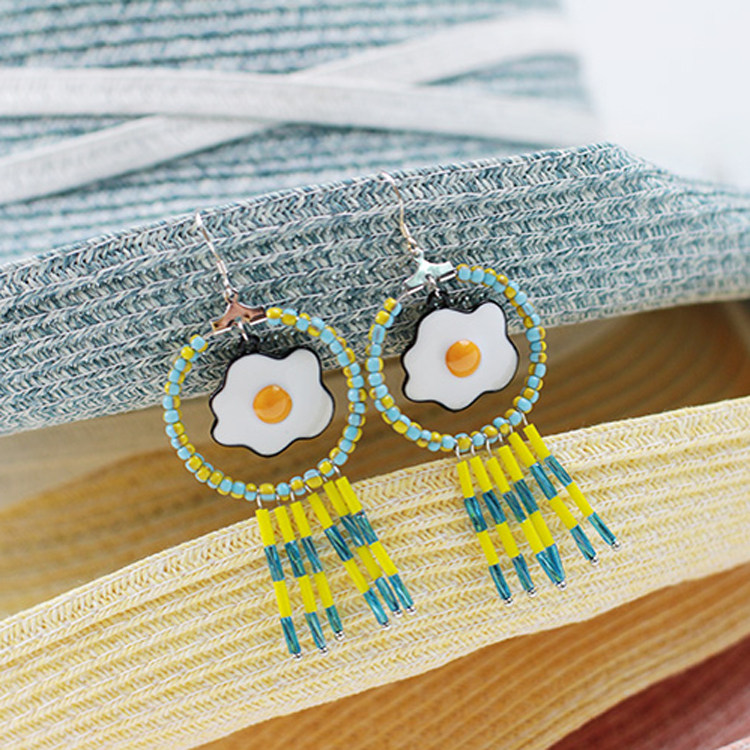 韩国气质925银耳勾手工自制长款荷包蛋女士流苏耳环耳钉耳坠耳饰