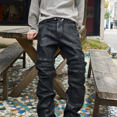 12.5OZ棉弹黑色牛仔重磅复古涂层工艺机车牛仔裤 男生四季 裤 PMW 装