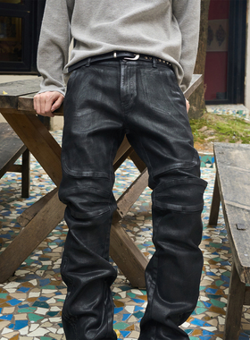 PMW 12.5OZ棉弹黑色牛仔重磅复古涂层工艺机车牛仔裤男生四季裤装