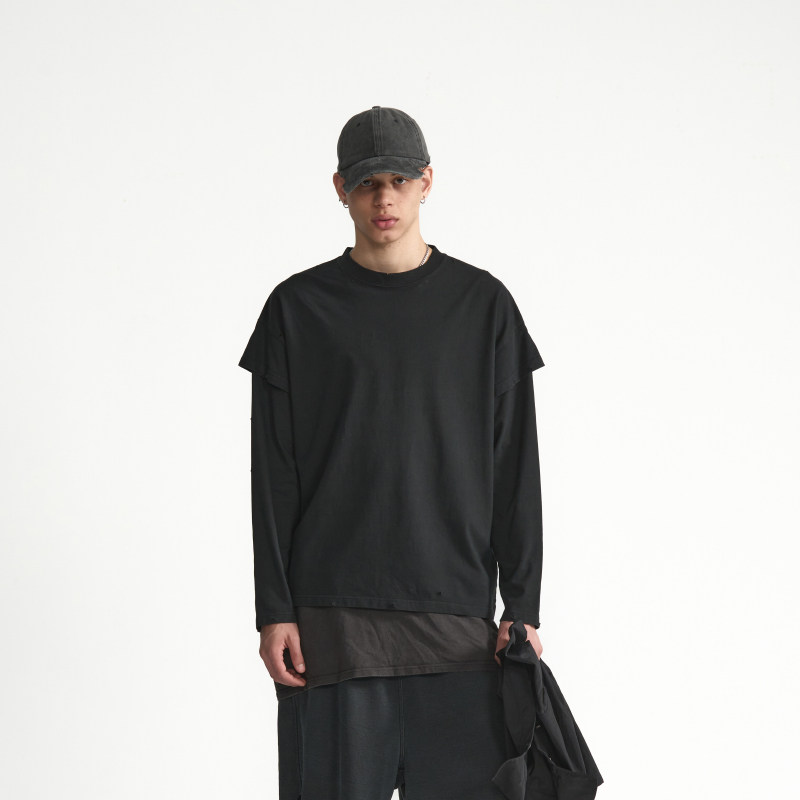 PMW 美式复古做旧假两件长袖设计感打底高街嘻哈上衣宽松休闲卫衣,男装,T恤,淘宝优惠券,粉丝福利购,淘宝优惠卷