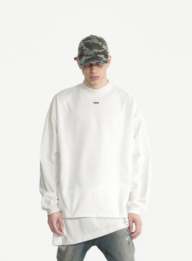 PMW 明星同款美式重磅全棉小高领纯色卫衣基础长袖下摆微开叉上衣