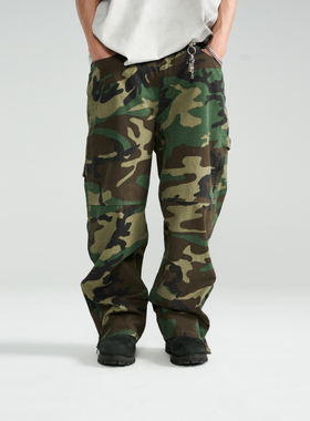 PMW 明星同款复古水洗做旧迷彩阔腿工装裤休闲宽松裤脚拉链设计