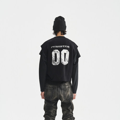 PMW 明星同款重磅纯棉印花运动背心V领无袖坎肩球衣宽松百搭上衣