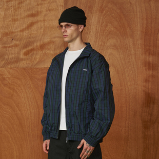 PMW 宽松户外男秋松弛感外套 复古立领蓝绿格纹拉链夹克LOGO工装