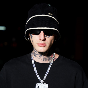 PMW 条纹拼色针织渔夫帽保暖日系休闲针织水桶帽子 明星同款