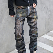 PMW 装 13.5OZ无弹丹宁水洗手工喷涂做旧复古牛仔裤 斑驳擦色男裤