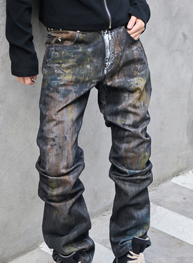 PMW 13.5OZ无弹丹宁水洗手工喷涂做旧复古牛仔裤斑驳擦色男裤装