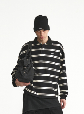 PMW 明星同款复古条纹廓形长袖POLO衫男卫衣宽松落肩上衣打底衫