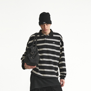 男卫衣宽松落肩上衣打底衫 PMW POLO衫 复古条纹廓形长袖 明星同款