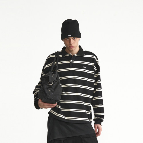 PMW 明星同款复古条纹廓形长袖POLO衫男卫衣宽松落肩上衣打底衫