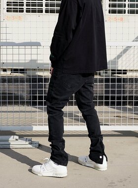 PMW 弹力水洗裤脚排扣设计牛仔裤基础直筒修身休闲男长裤春秋