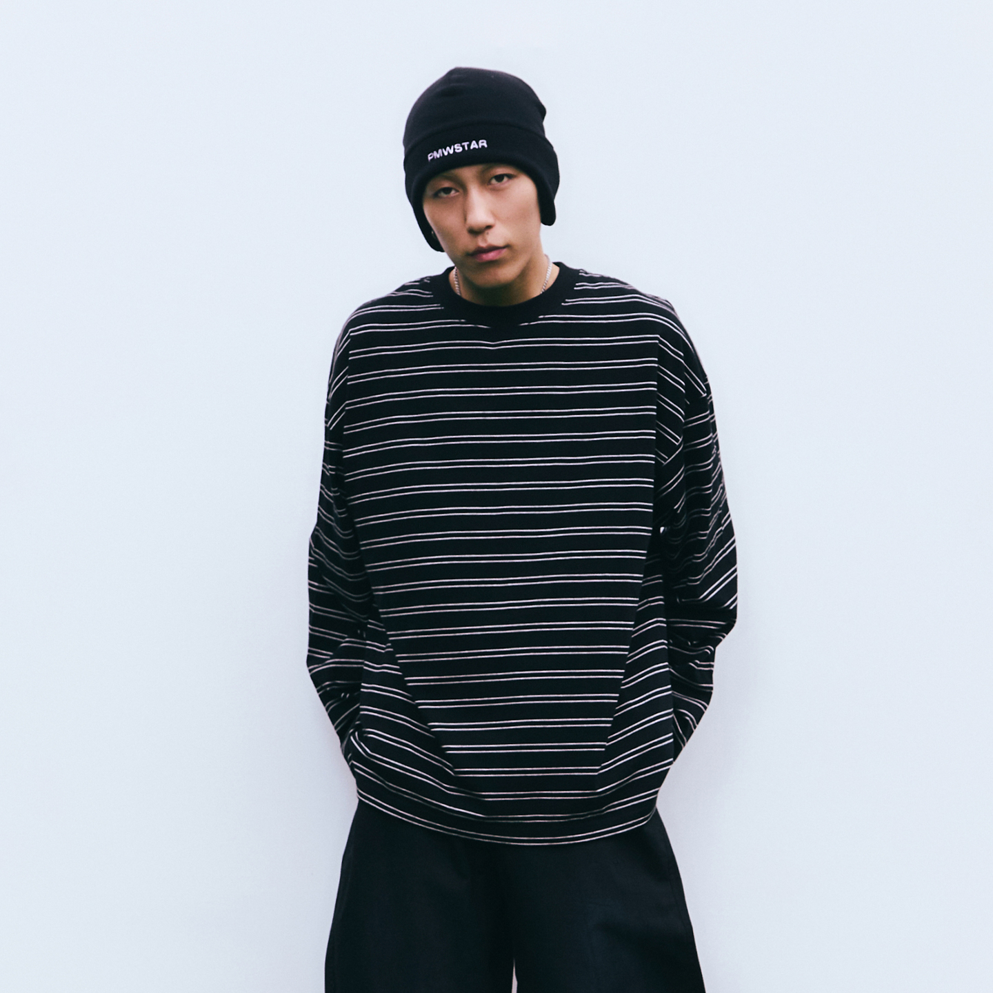 PMW纯棉条纹长袖T恤落肩宽松圆领耐磨抗皱复古通勤休闲打底衫上衣