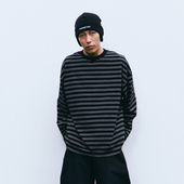 PMW纯棉条纹长袖 T恤落肩宽松圆领耐磨抗皱复古通勤休闲打底衫 上衣